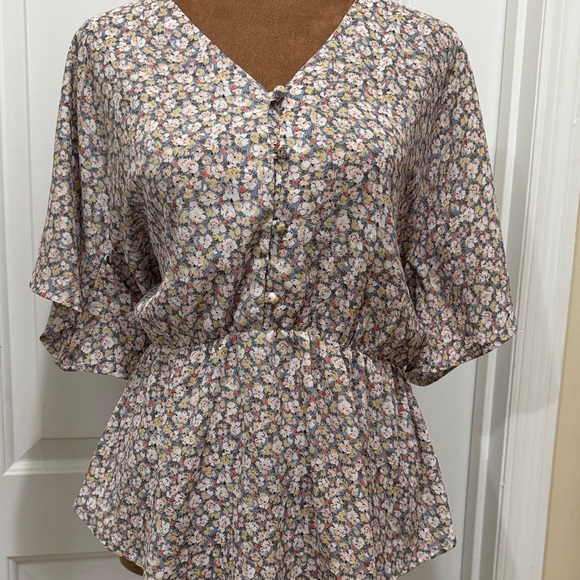 Sienna Sky Tops - Sienna Sky Floral V-Neck Blouse with Elastic Waist and Flutter Sleeves